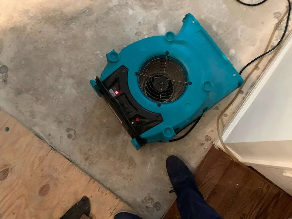 Air mover drying subfloor during Commercial Water Damage Restoration in East Rancho Dominguez